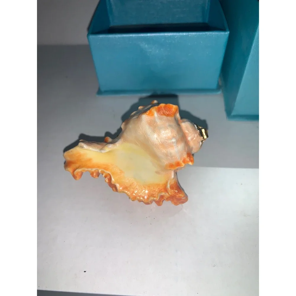 Lionfish and Conch Shell Enamel Trinket Boxes Set Crystal Accents Coastal Decor